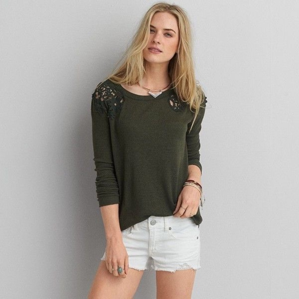 AE Long Sleeve Waffle Shirt with Lace Detail